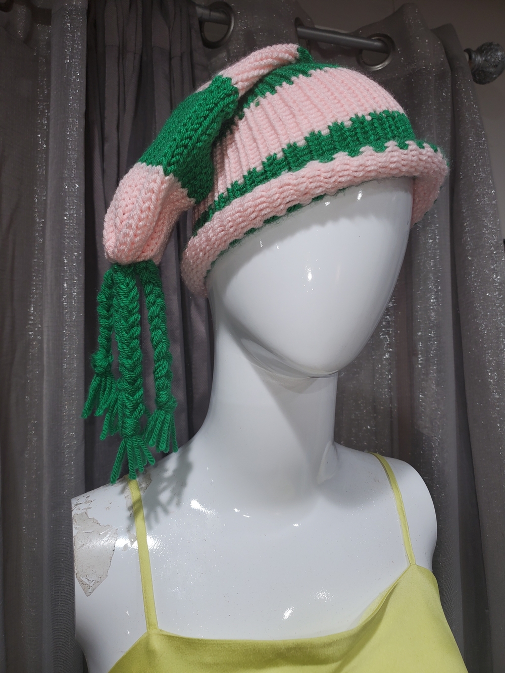 Hand-Knit Tassel Beanie Hat in Pink and Green - Unbranded